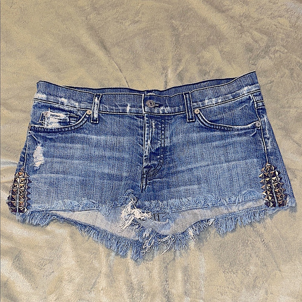 7 for all Mankind Distressed Denim Studded Shorts